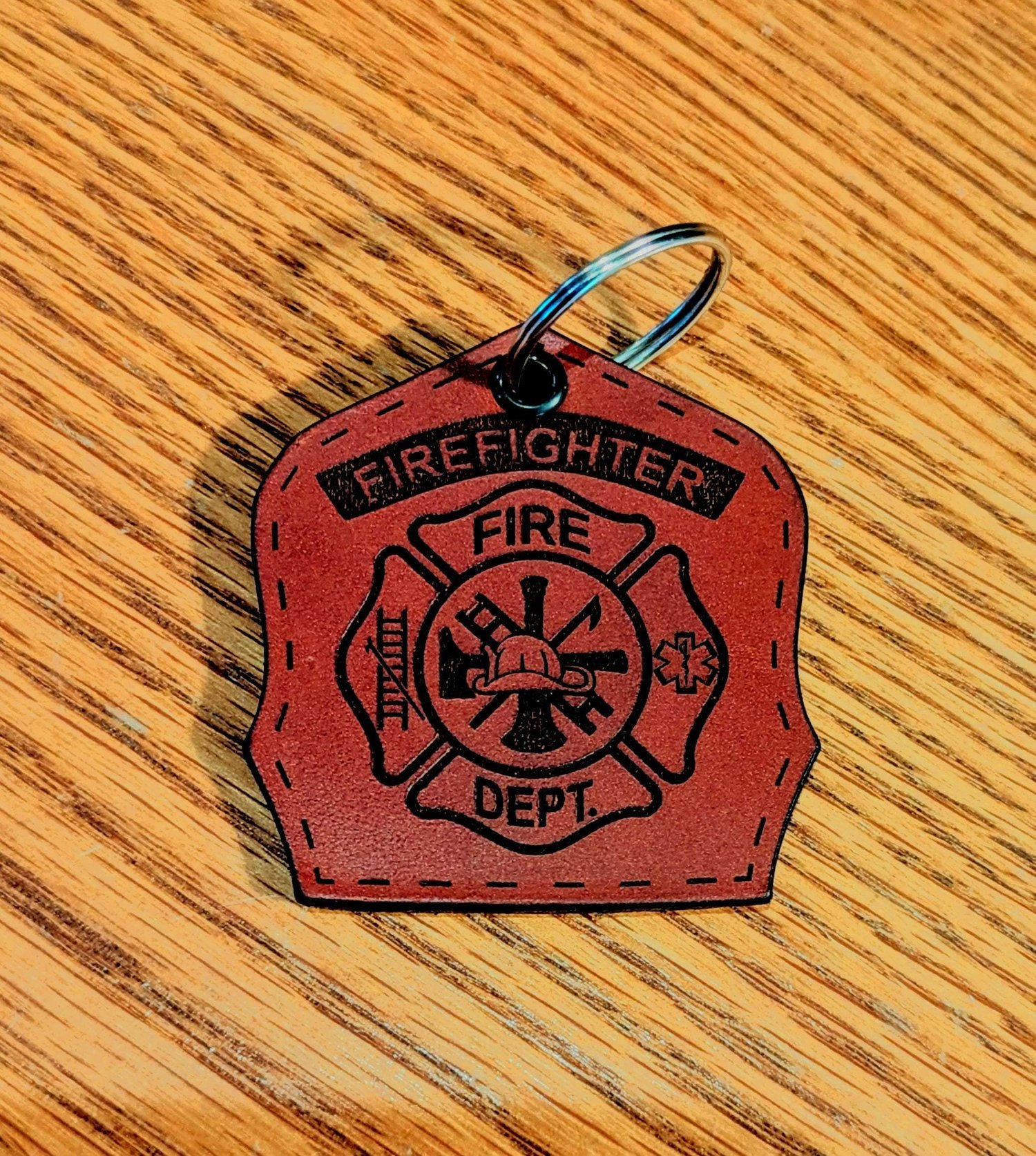 Handmade leather firefighter helmet shield keychain