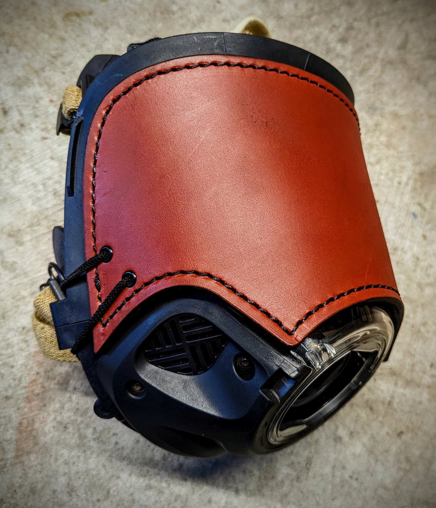 Hazelnut leather blackout training SCBA mask cover fitted to a Scott C5 facepiece