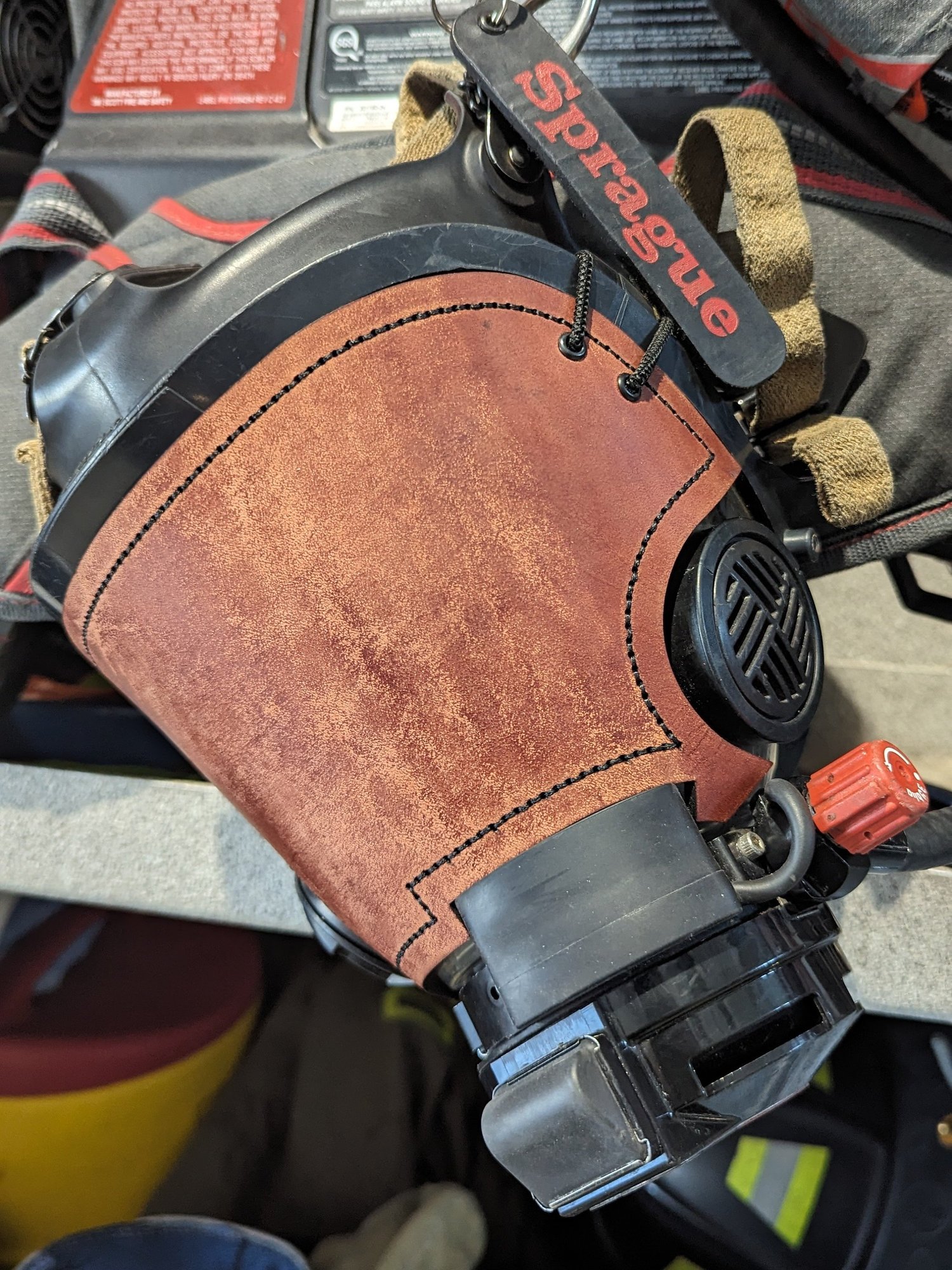 Personalized hazelnut leather SCBA mask cover for Scott AV-3000 with custom engraving