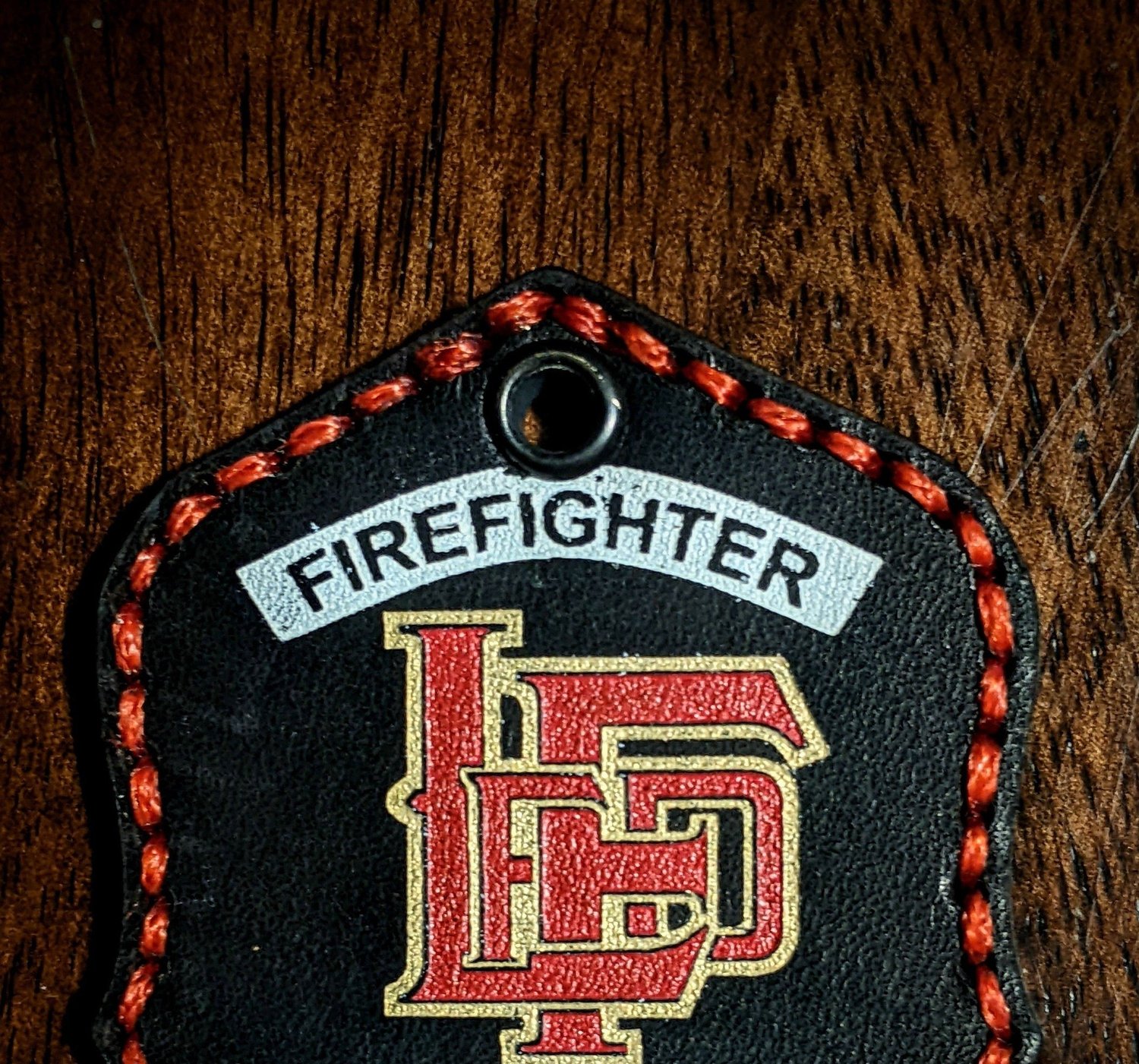 Custom black leather firefighter helmet shield keychain – additional product view 2