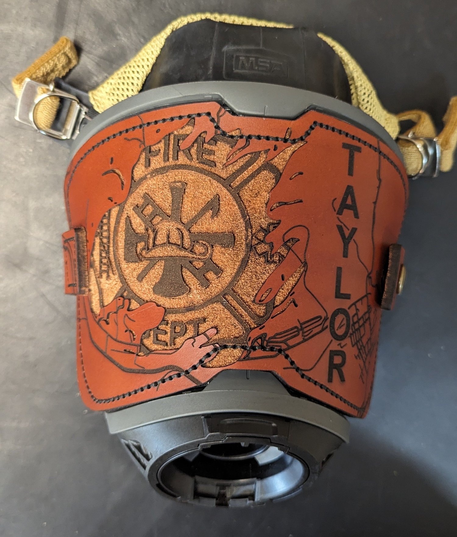 Hazelnut leather MSA G1 SCBA mask cover – additional product view 2
