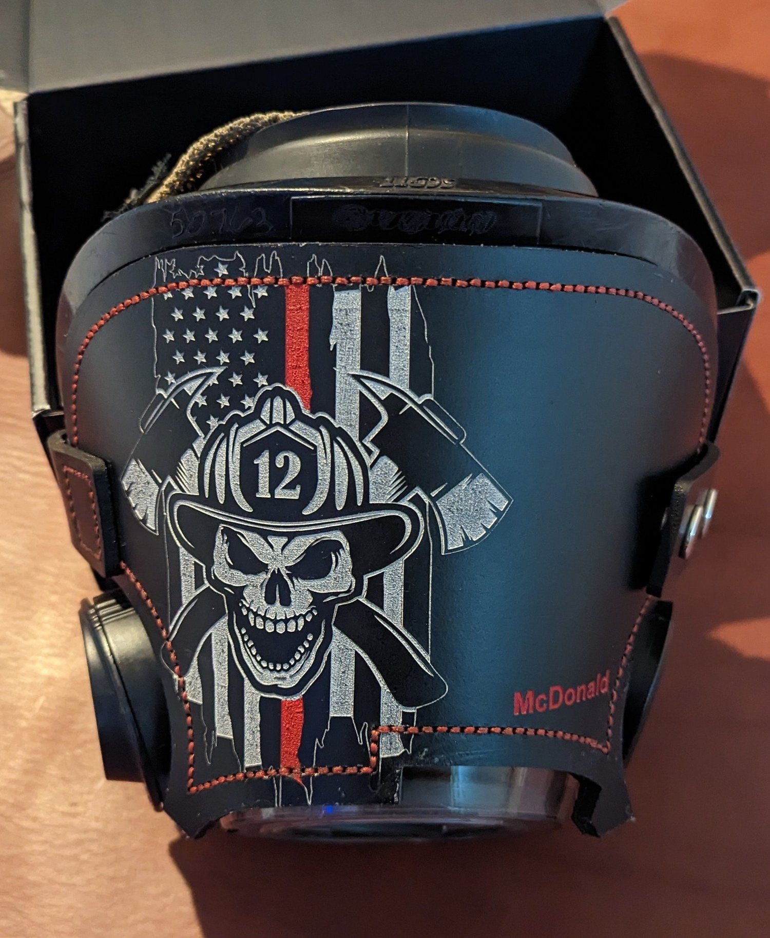 Black leather Scott AV-3000 SCBA mask cover – additional product view 2